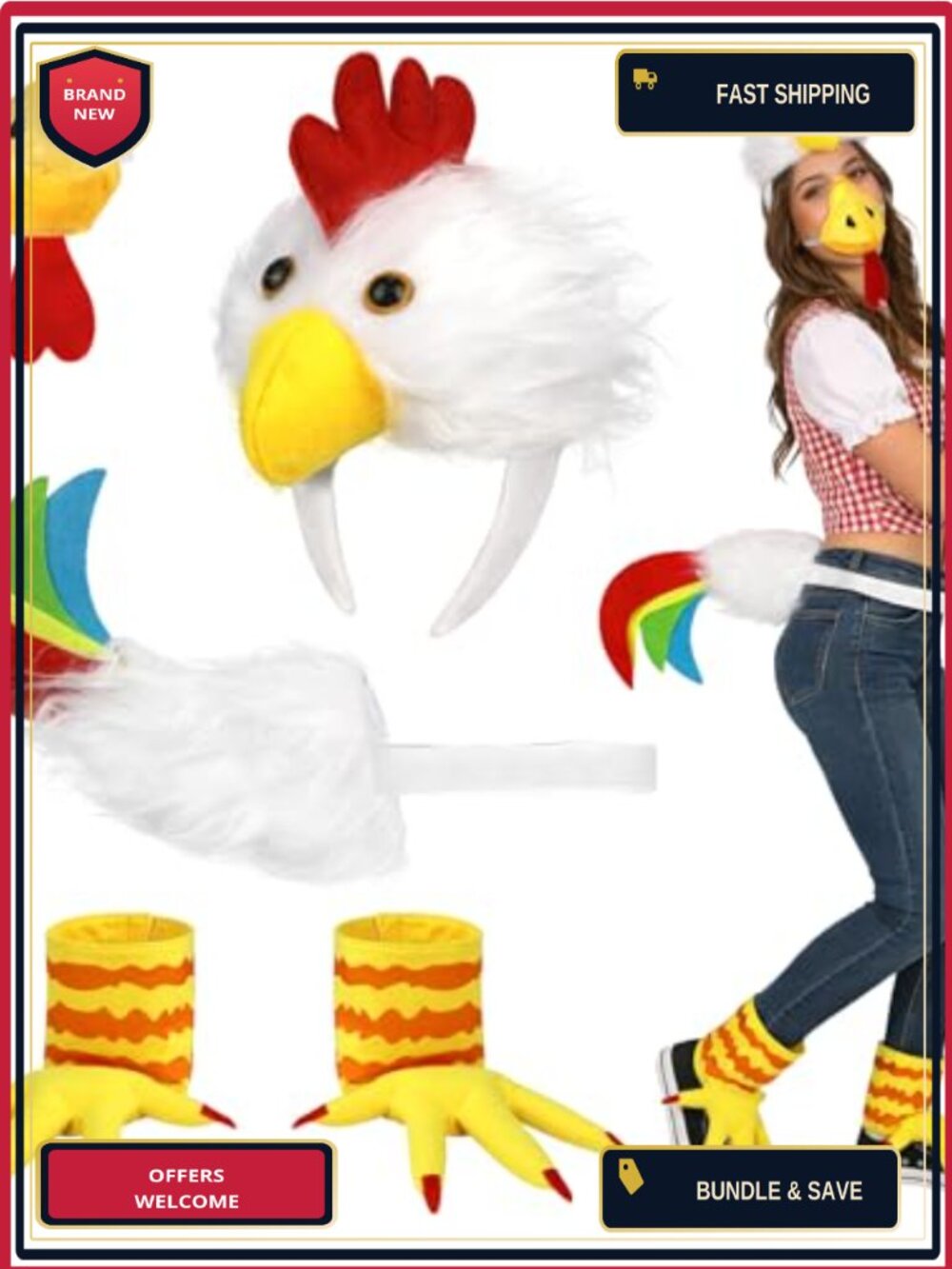 5pc Chicken Costume Set Headband Tail Feet Nose Adult Halloween Party